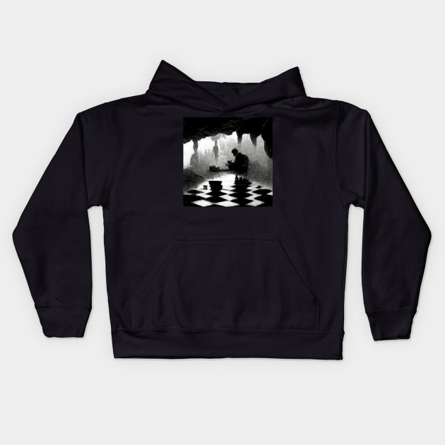 A man playing chess in cave on a rainy day Kids Hoodie by Riverside-Moon